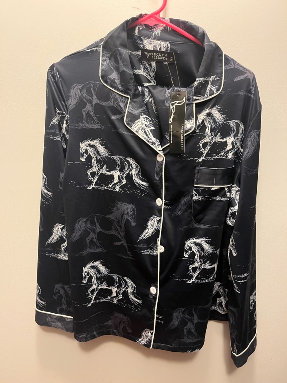 Lucky & Blessed Black Satin Horse-Print Pajama Set (shirt & pants)
